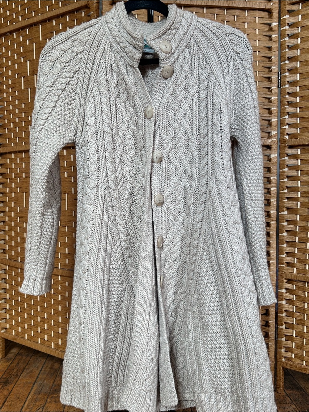 Aran Crafts Cream Cable-bKnit Long Button Cardigan